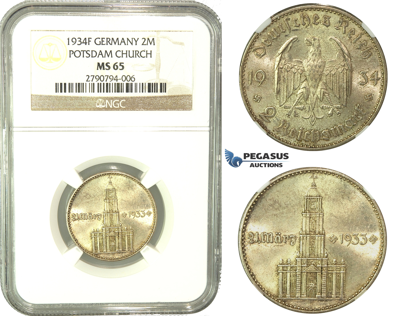 L03, Germany, 3rd Reich, (Potsdam Church) 2 Mark 1934-F, Stuttgart, Silver, NGC MS65 (Pop 1/1, Best)