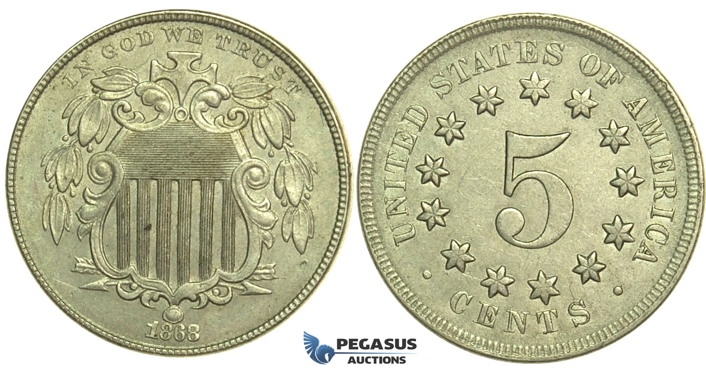L21, United States, Shield 5 cents (Nickel) 1868, High Grade!
