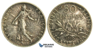 L29, France, 3rd Republic, 50 Centimes 1910, Paris, Silver, SUP/SPL Dark toning!