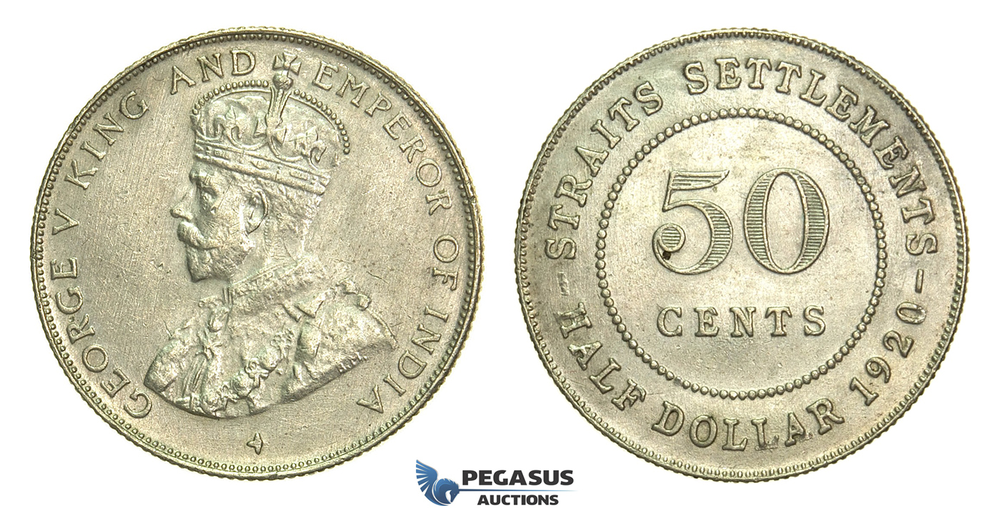 L38, Straits Settlements, George V, 50 Cents 1920, Silver, High Grade!