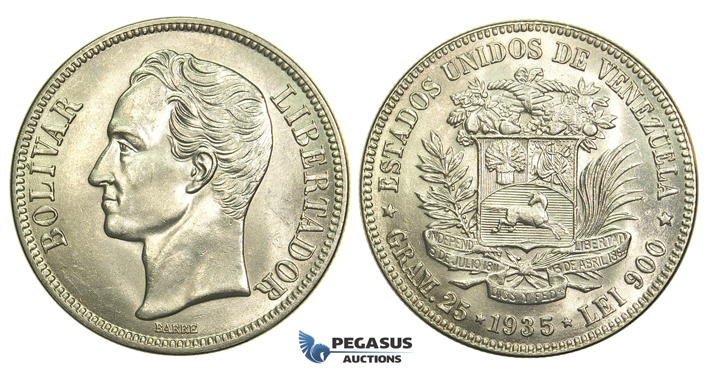 L40, Venezuela, 5 Bolivares 1935, Caracas, Silver, Mint State (Few bag marks on Obv.)