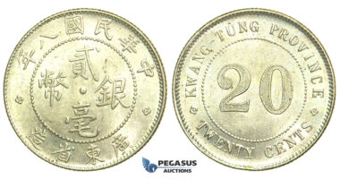 L45, China, Kwangtung, 20 Cents Yr. 8 (1919) Silver, aUNC