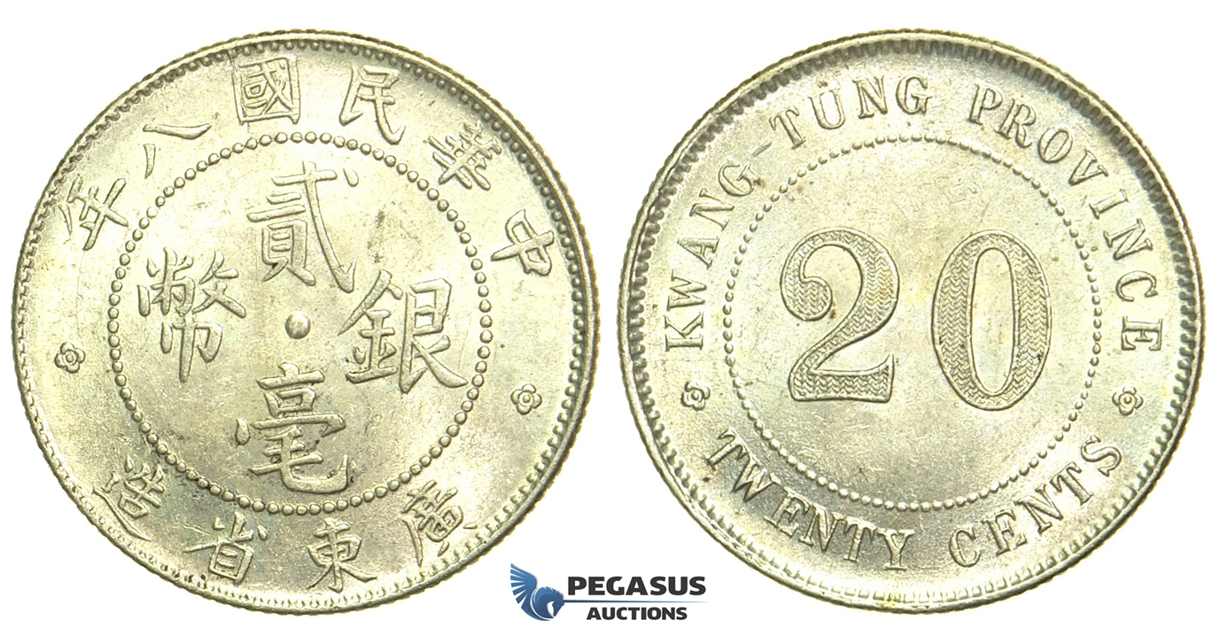 L45, China, Kwangtung, 20 Cents Yr. 8 (1919) Silver, aUNC