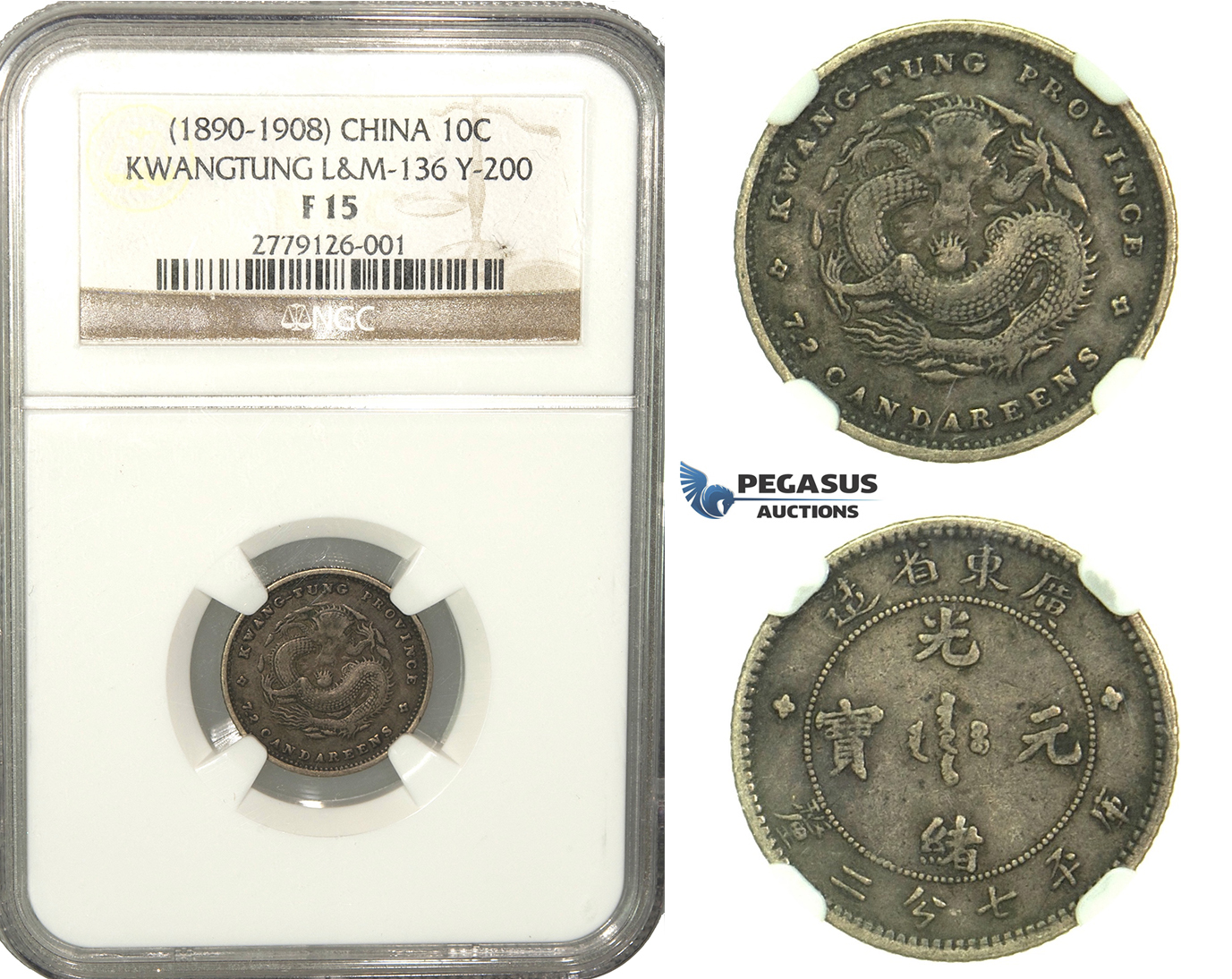 L46, China, Kwangtung, 10 Cents ND (1890-1908) Silver, NGC F15