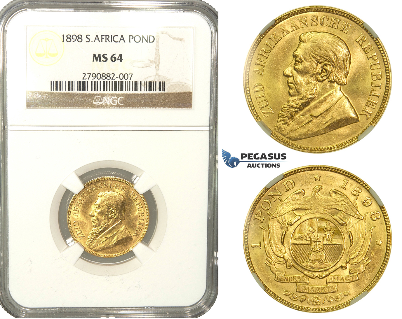 L62, South Africa (ZAR) Pond 1898, Gold, NGC MS64, Rare Grade!