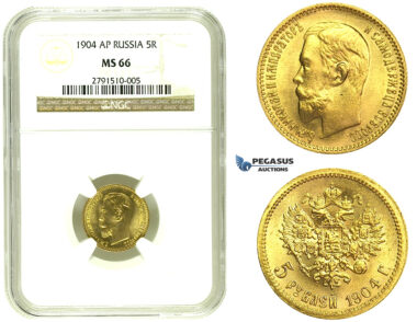 L66, Russia, Nicholas II, 5 Roubles 1904 (AP) Gold, NGC MS66