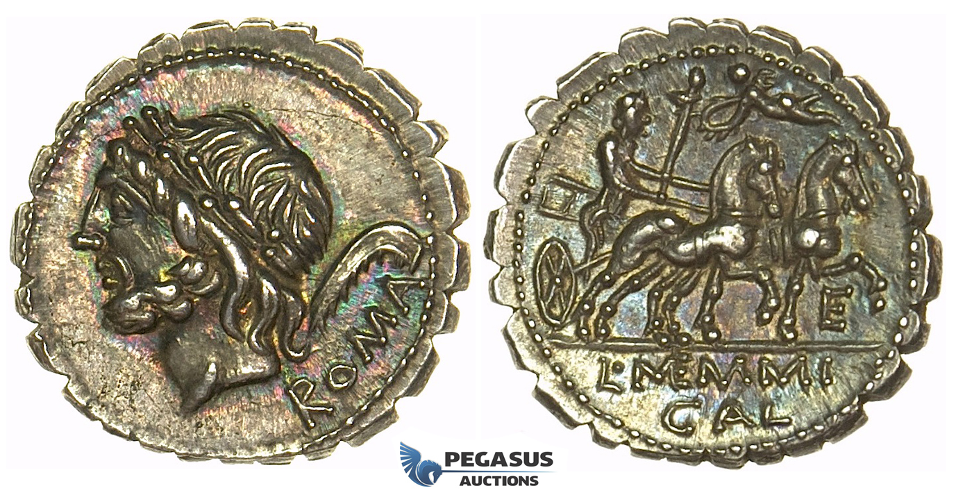 L80, Roman Republic, L. Memmius Galeria (106 BC) AR Denarius Serratus 106 BC (3.87g) Rome, Rainbow Patina, NGC Ch MS* Star
