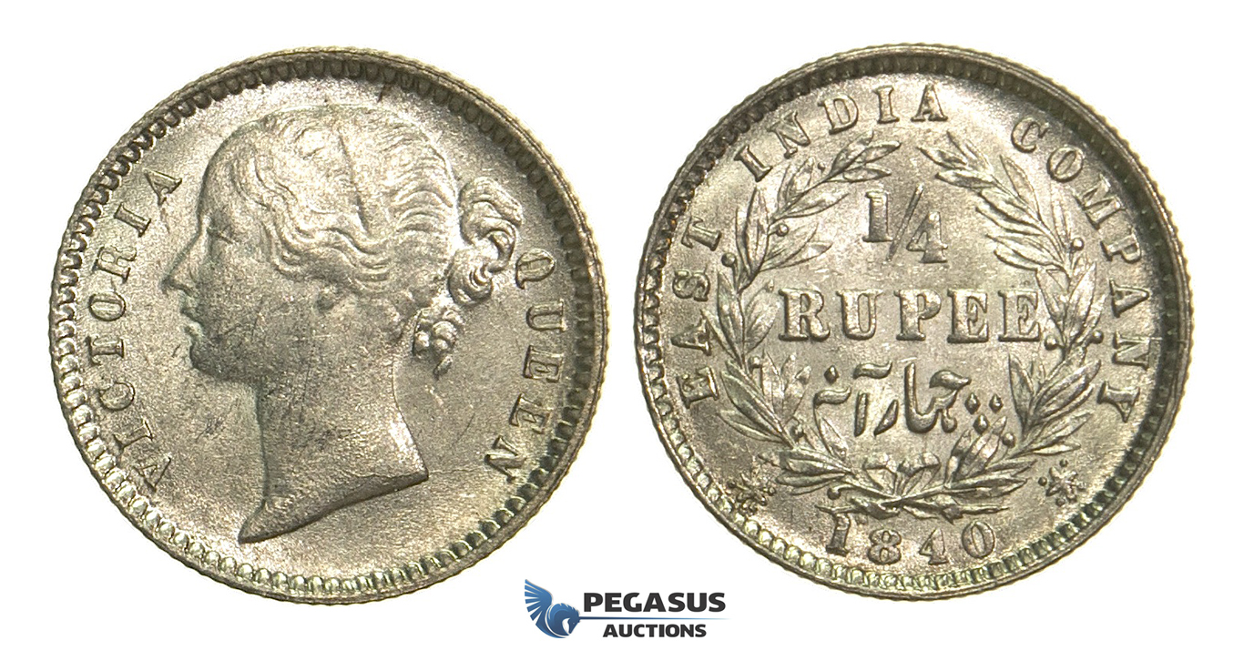 L87, East India Company, Victoria, 1/4 Anna 1840, Calcutta, Silver, High Grade!