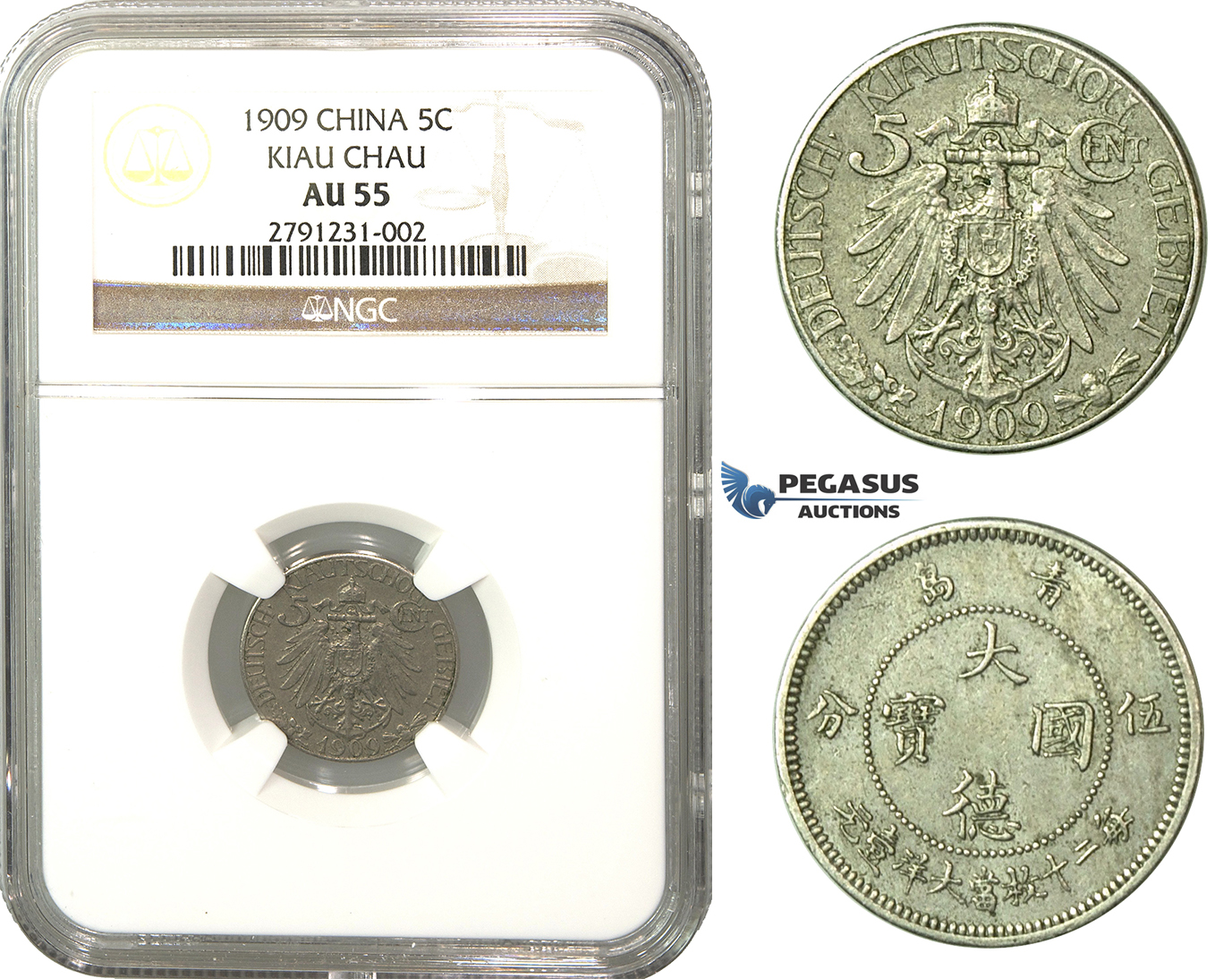 L98, China, Kiau Chau, 5 Cents 1909, NGC AU55