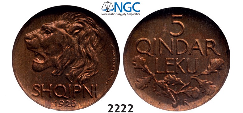 Lot: 2222. Albania, Ahmed Bey Zogu I, 1928-1939, 5 Qindar Leku, 1926-R, Rome, NGC MS65RB