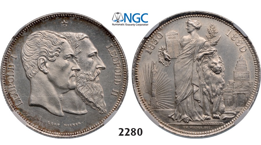 Lot: 2280. Belgium, Kingdom, Leopold II, 1865-1909, 5 Francs 1880, Brussels, Silver (25.00g) “Independence”, NGC MS62