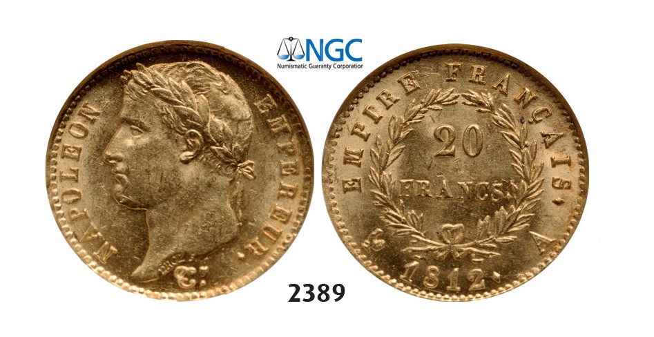 Lot: 2389. France, Napoleon I as Emperor, 1804-1814, 20 Francs 1812-A, Paris, GOLD, NGC MS62