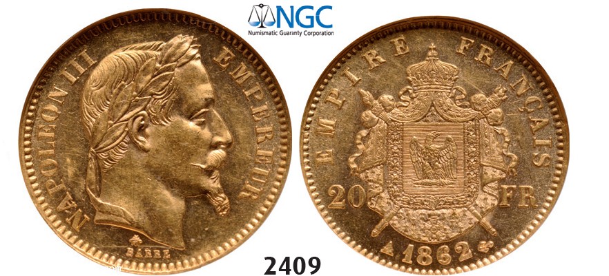 Lot: 2409. France, Napoleon III, 1852-1870, 20 Francs 1862-A, Paris, GOLD, NGC MS61