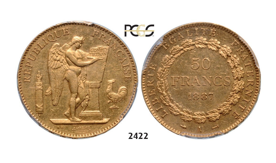 Lot: 2422. France, Third Republic, 1871-1940, 50 Francs 1887-A, Paris, GOLD , PCGS AU55