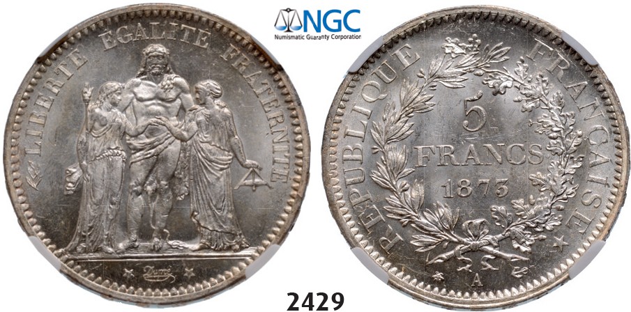 Lot: 2429. France, Third Republic, 1871-1940, 5 Francs 1873-A, Paris, Silver, NGC MS65