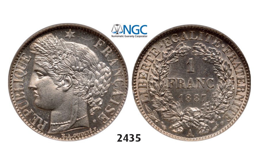 Lot: 2435. France, Third Republic, 1871-1940, Franc 1887-A (Small A) Paris, Silver, NGC MS64