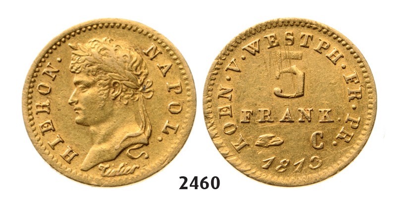 Lot: 2460. Germany, Westphalia, Hieronymus Napoleon, 1807-1813, 5 Francs 1813-C, Kassel, GOLD