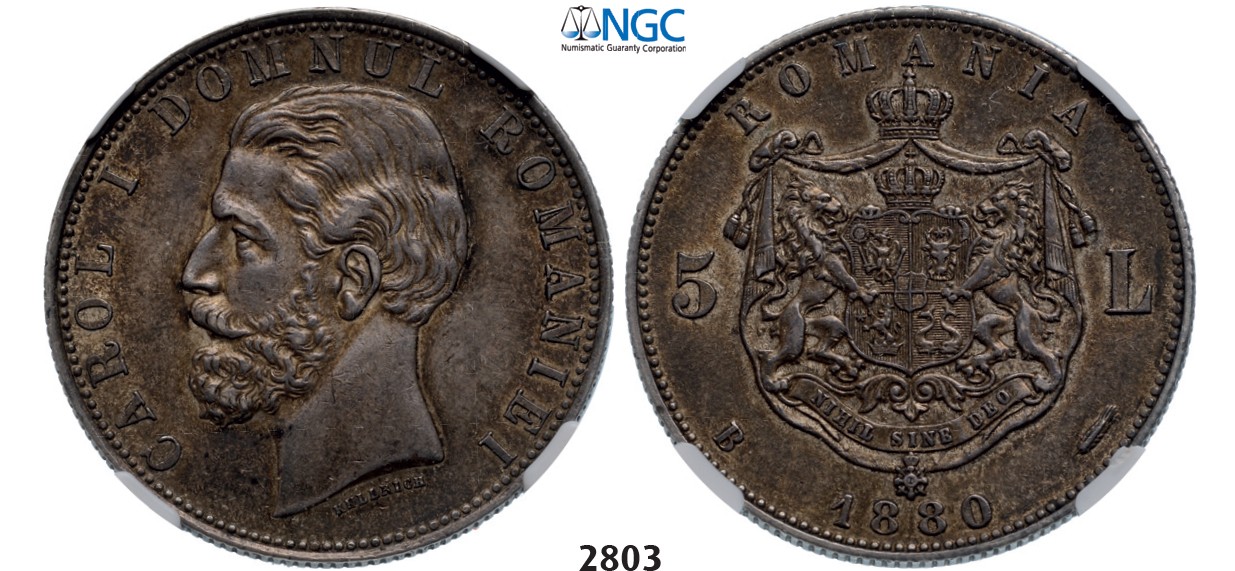 Lot: 2803. Romania, Carol I, 1866-1914, 5 Lei 1880-B, Bucharest, Silver (25.00g) “Name near bust”NGC AU58