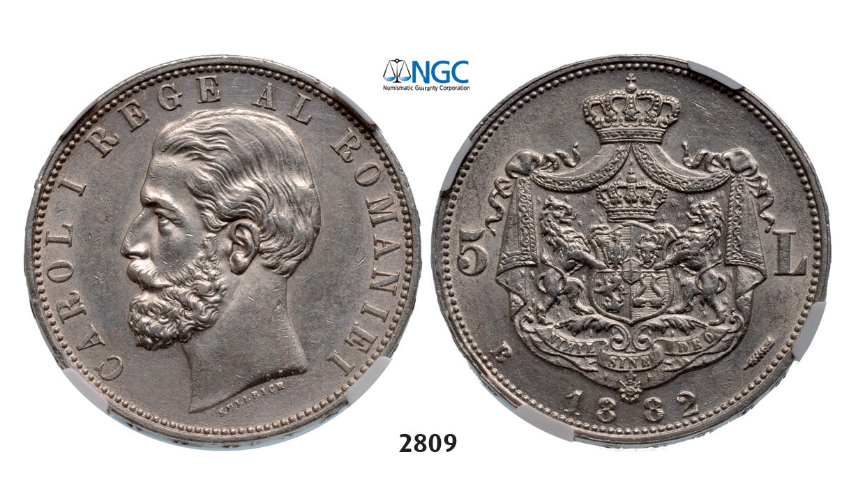 Lot: 2809. Romania, Carol I, 1866-1914, 5 Lei 1882-B, Bucharest, Silver, NGC AU55