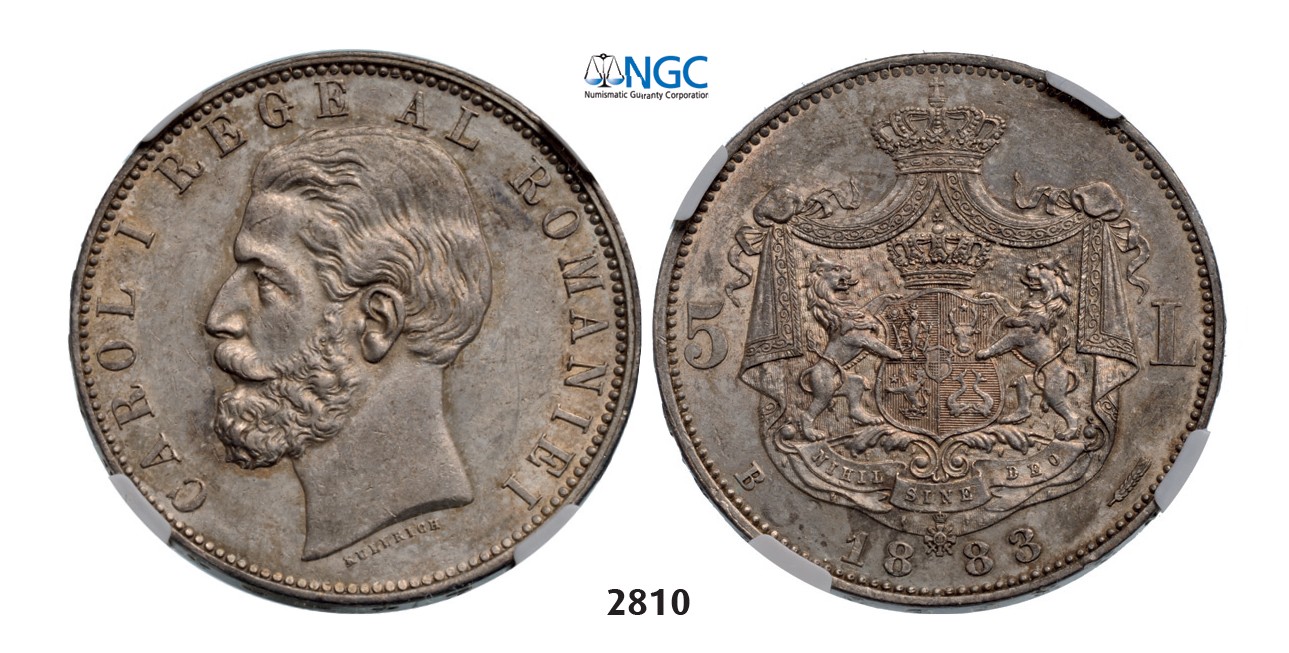 Lot: 2810. Romania, Carol I, 1866-1914, 5 Lei 1883-B, Bucharest, Silver, NGC AU58
