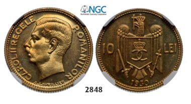 Lot: 2848. Romania, Carol II, 1930-1940, 10 Lei 1930-H, Heaton, Birmingham, Nickel-Brass, NGC PF65