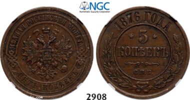 Lot: 2908. Russia, Alexander II, 1854-1881, 5 Kopeks 1876-СПБ, St. Petersburg, Copper, NGC XF45