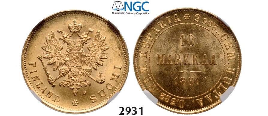 Lot: 2931. Russia, For Finland, 10 Markaa 1881-S, Helsingfors, GOLD, NGC MS64
