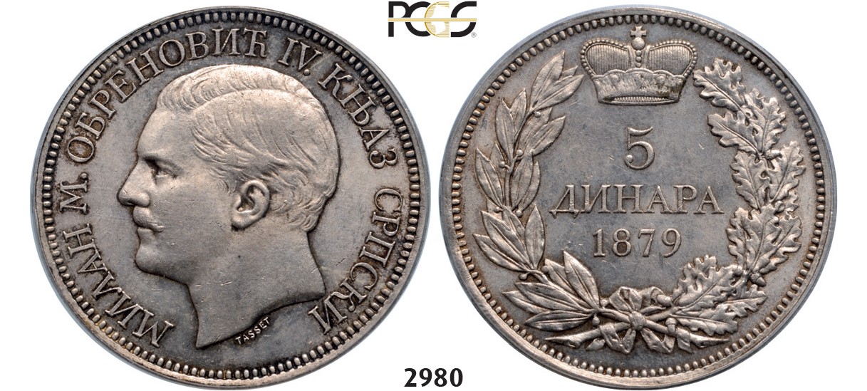 Lot: 2980. Serbia, Milan I. Obrenovic, 1868-1889, 5 Dinara 1879, Vienna, Silver, PCGS MS63