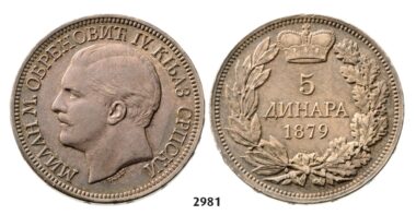 Lot: 2981. Serbia, Milan I. Obrenovic, 1868-1889, 5 Dinara 1879, Vienna, Silver