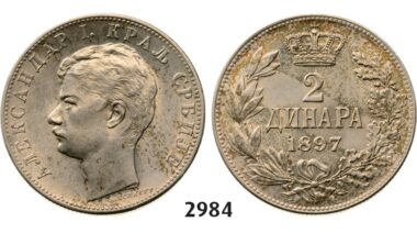 Lot: 2984. Serbia, Alexander I, 1889-1902, 2 Dinara 1897, Vienna, Silver