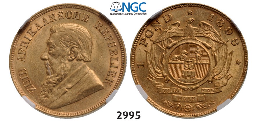 Lot: 2995. South Africa, Zuid-Afrikaansche Republiek (ZAR), Pond 1898, GOLD, NGC AU58