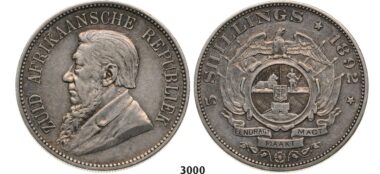 Lot: 3000. South Africa, Zuid-Afrikaansche Republiek (ZAR), 5 Shillings 1892 (Double shaft on wagon tongue) Silver