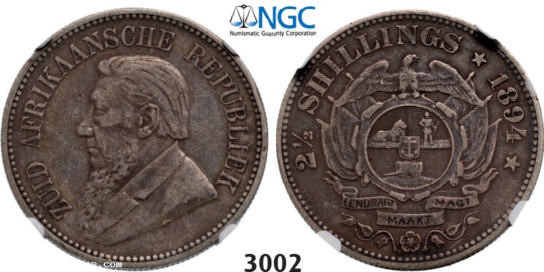 Lot: 3002. South Africa, Zuid-Afrikaansche Republiek (ZAR), 2 1/2 Shillings 1894, Silver , NGC VF35