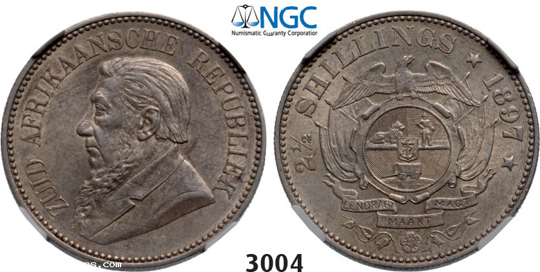 Lot: 3004. South Africa, Zuid-Afrikaansche Republiek (ZAR), 2 1/2 Shillings 1897, Silver, NGC AU58