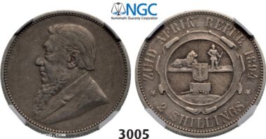 Lot: 3005. South Africa, Zuid-Afrikaansche Republiek (ZAR), 2 Shillings 1894, Silver , NGC VF30