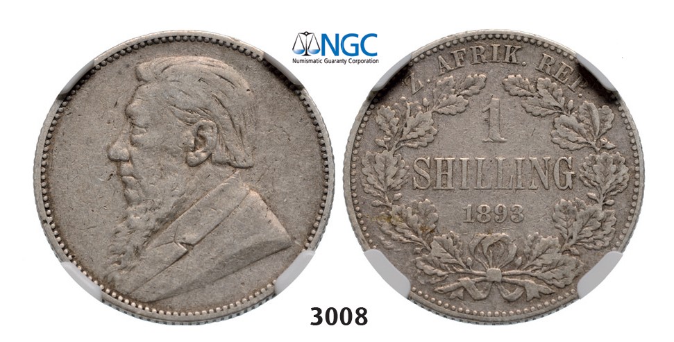 Lot: 3008. South Africa, Zuid-Afrikaansche Republiek (ZAR), Shilling 1893, Silver, NGC VF30