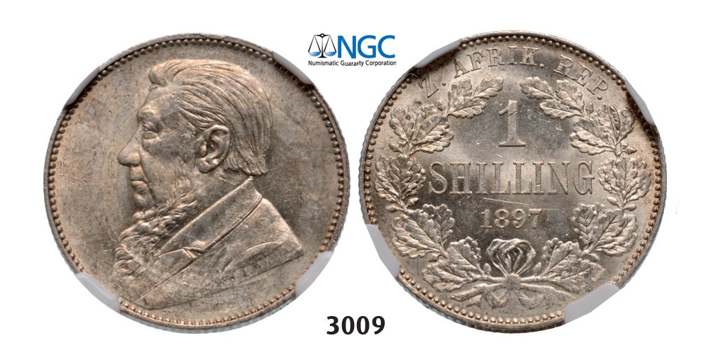 Lot: 3009. South Africa, Zuid-Afrikaansche Republiek (ZAR), Shilling 1897, Silver, NGC MS63