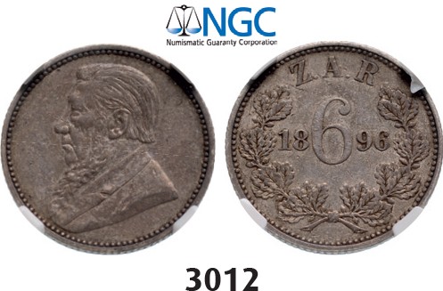 Lot: 3012. South Africa, Zuid-Afrikaansche Republiek (ZAR), 6 Pence 1896, Silver, NGC XF45