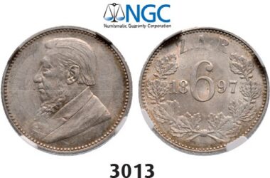 Lot: 3013. South Africa, Zuid-Afrikaansche Republiek (ZAR), 6 Pence 1897, Silver, NGC MS62