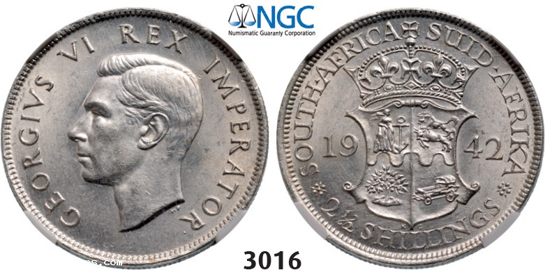 Lot: 3016. South Africa, Union of South Africa, George VI, 1936-1952, 2 1/2 Shillings 1942, Pretoria, Silver, NGC MS62
