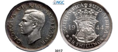 Lot: 3017. South Africa, Union of South Africa, George VI, 1936-­1952, 2­ 1/2 Shillings 1944, Pretoria, Silver, NGC PF62