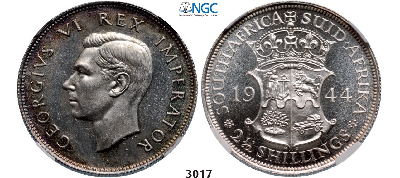 Lot: 3017. South Africa, Union of South Africa, George VI, 1936-1952, 2 1/2 Shillings 1944, Pretoria, Silver, NGC PF62