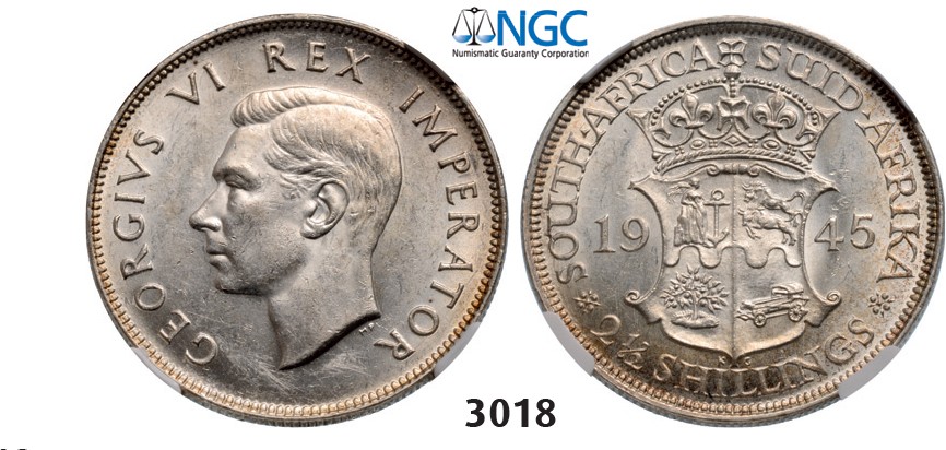 Lot: 3018. South Africa, Union of South Africa, George VI, 1936-1952, 2 1/2 Shillings 1945, Pretoria, Silver, NGC AU58