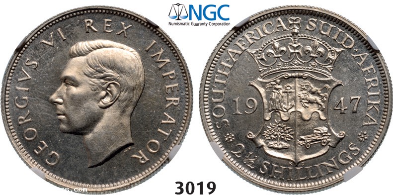 Lot: 3019. South Africa, Union of South Africa, George VI, 1936-1952, 2 1/2 Shillings 1947, Pretoria, Silver, NGC PF63