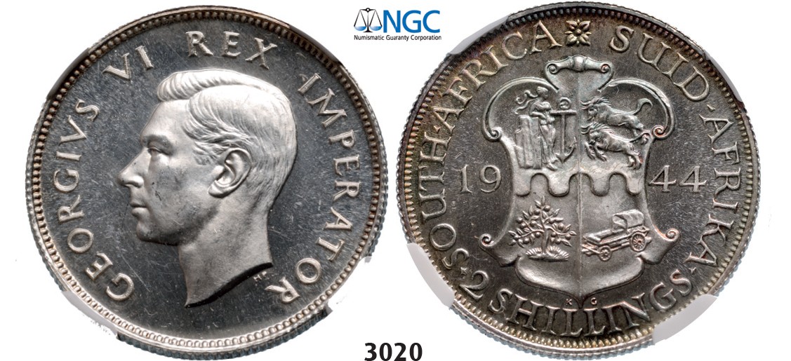 Lot: 3020. South Africa, Union of South Africa, George VI, 1936-1952, 2 Shillings 1944, Pretoria, Silver, NGC PF63