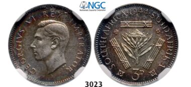 Lot: 3023. South Africa, Union of South Africa, George VI, 1936-1952, 3 Pence 1944, Pretoria, Silver, NGC PF64