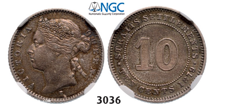 Lot: 3036. Straits Settlements (Singapore/Malaysia), Victoria, 1837-1901, 10 Cents 1879-H, Heaton, Birmingham, Silver, NGC AU