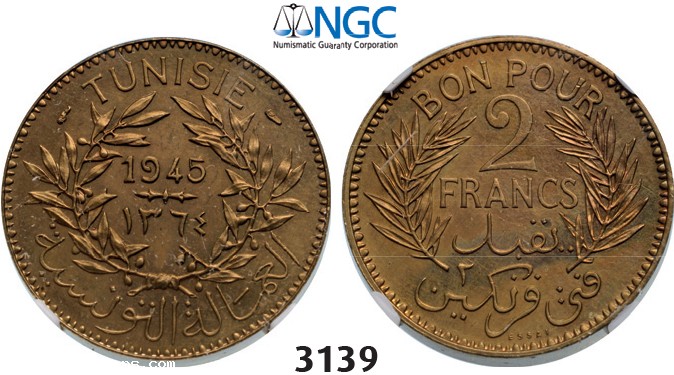Lot: 3139. Tunisia, French Protectorate, 1881-1955, ESSAI PIEFORT 2 Francs 1945-A, Paris, Aluminum-Bronze, NGC MS64