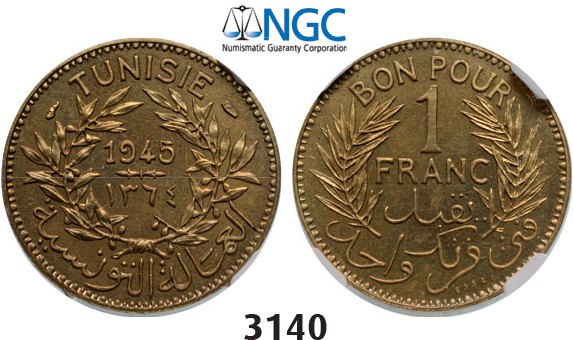 Lot: 3140. Tunisia, French Protectorate, 1881-1955, ESSAI PIEFORT Franc 1945-A, Paris, Aluminum-Bronze, NGC MS66