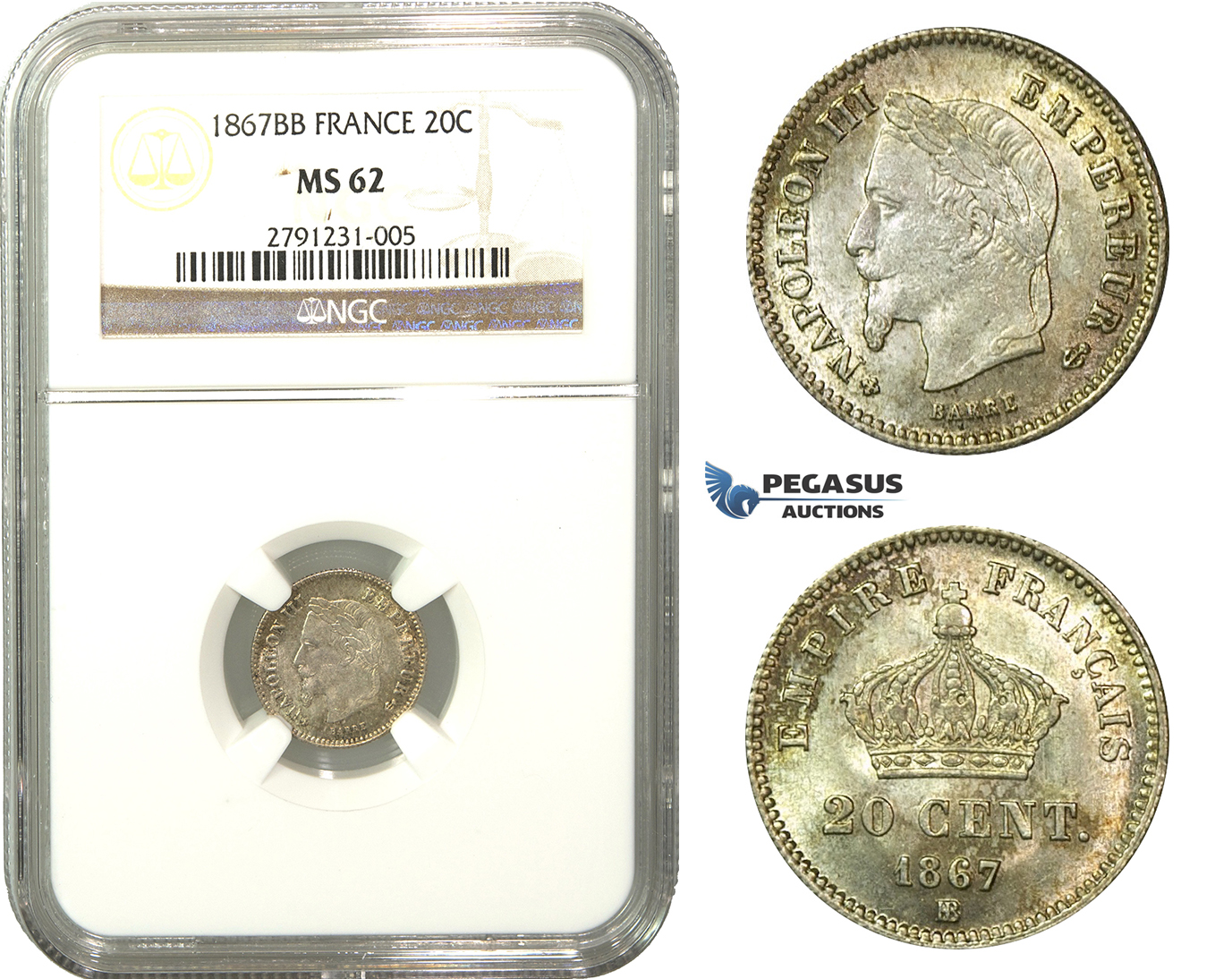 M02, France, Napoleon III, 20 Centimes 1867-BB, Strasbourg, Silver, NGC MS62